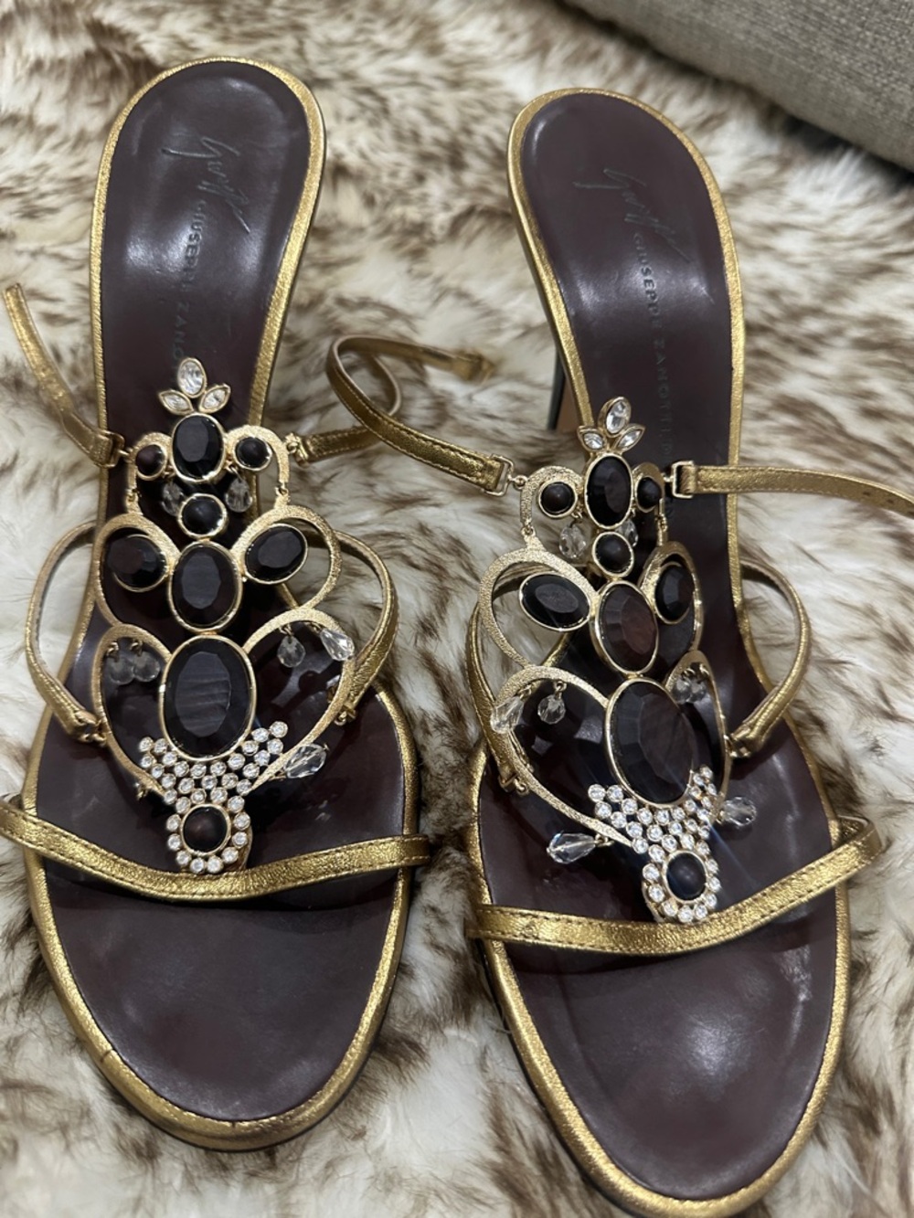 Giuseppe Zanotti Gold and Brown Jeweled Strappy Heels